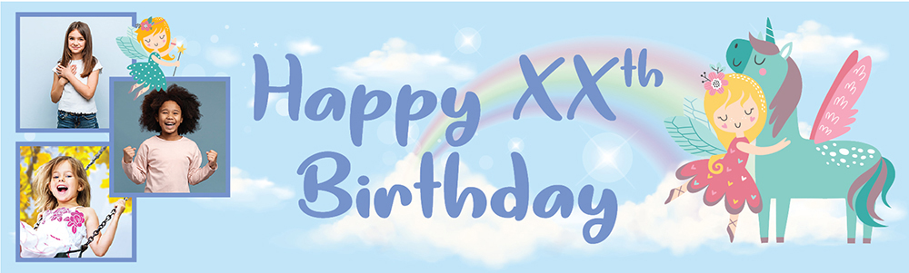 Personalised Happy Birthday Banner - Blue Unicorn & Fairy - Custom Age & 3 Photo Upload