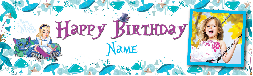 Personalised Happy Birthday Banner - Cheshire Cat & Alice In Wonderland - 1 Photo Upload