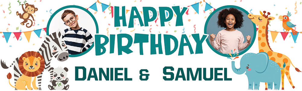 Personalised Happy Birthday Banner - Circus Animals Twins - Custom Name & 2 Photo Upload