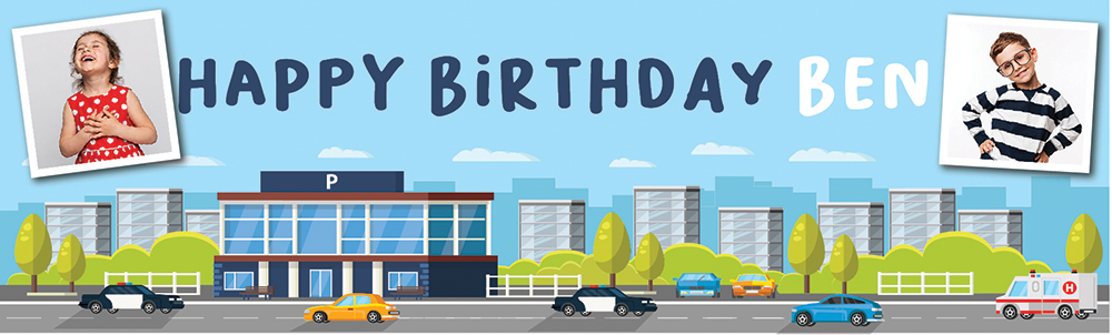 Personalised Happy Birthday Banner - City Cars - Custom Name & 2 Photo Upload