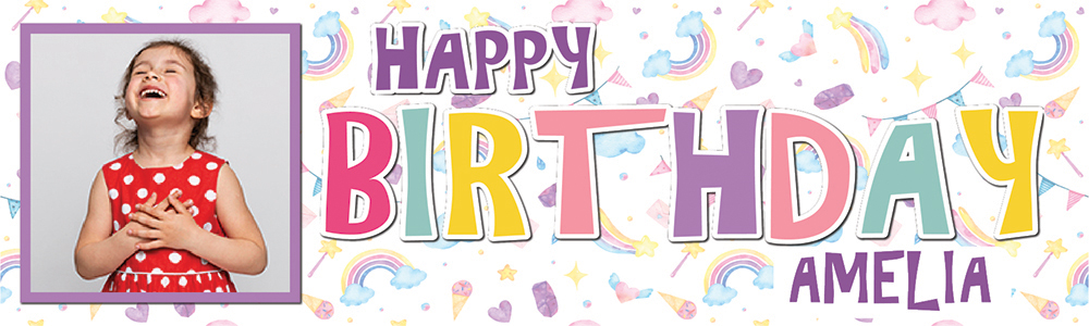 Personalised Happy Birthday Banner - Clouds & Rainbows Kids - Custom Name & 1 Photo Upload