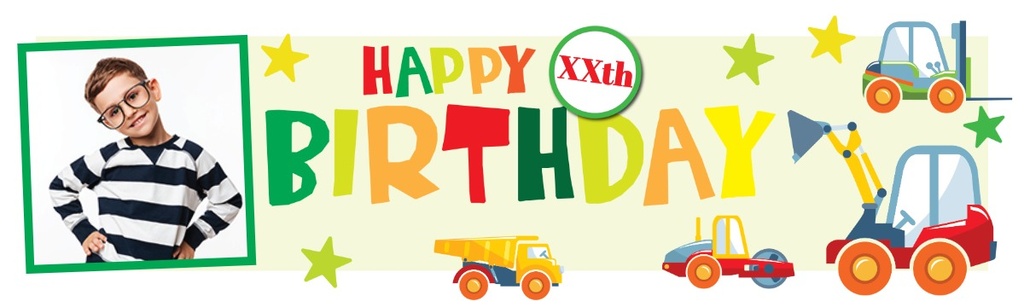 Personalised Happy Birthday Banner - Diggers & Trucks - Custom Age & 1 Photo Upload