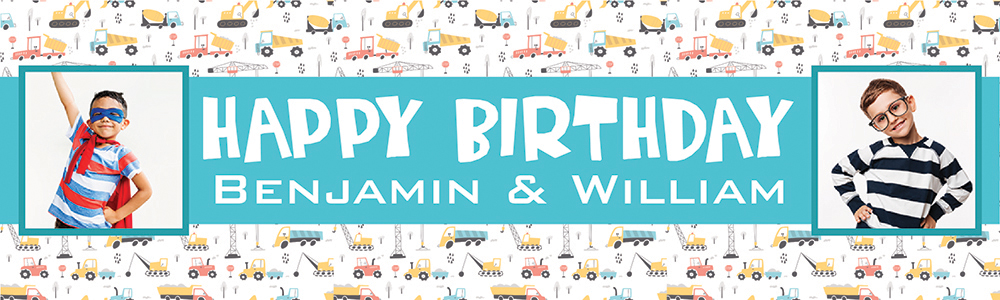 Personalised Happy Birthday Banner - Diggers & Trucks Twins - Custom Name & 2 Photo Upload