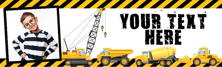 Personalised Happy Birthday Banner - Diggers Cranes & Trucks - Custom Text & 1 Photo Upload