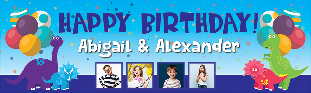 Personalised Happy Birthday Banner - Dinosaur Party Twins - Custom Name & 4 Photo Upload