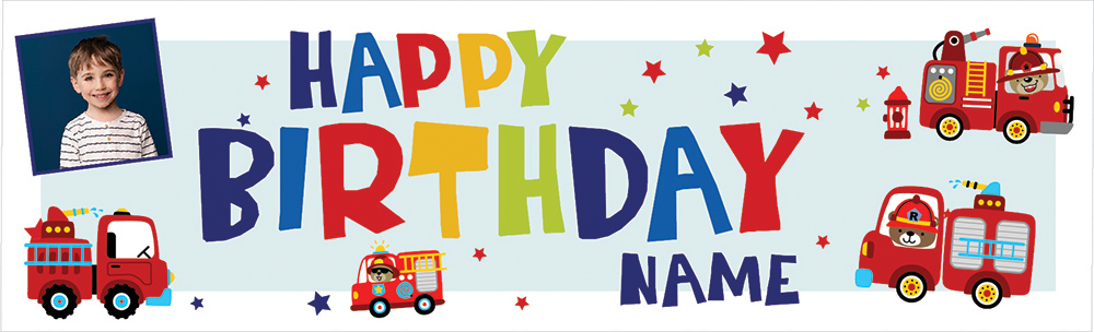 Personalised Happy Birthday Banner - Fire Engines - Custom Name & 1 Photo Upload