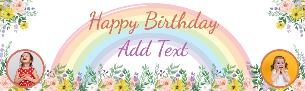 Personalised Happy Birthday Banner - Floral Rainbow - Custom Name & 2 Photo Upload