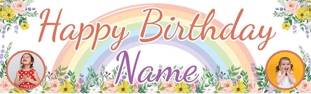 Personalised Happy Birthday Banner - Floral Rainbow - Custom Name & 2 Photo Upload
