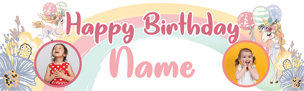 Personalised Happy Birthday Banner - Floral Rainbow Unicorn Party - Custom Name & 2 Photo Upload