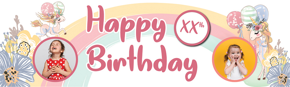 Personalised Happy Birthday Banner - Floral Unicorn - Custom Age & 2 Photo Upload