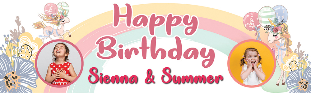 Personalised Happy Birthday Banner - Flower Unicorn Twins - Custom Name & 2 Photo Upload