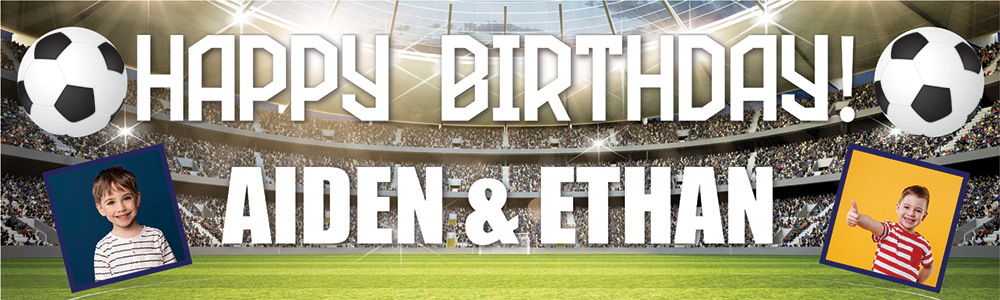 Personalised Happy Birthday Banner - Football Stadium Twins - Custom Name & 2 Photo Upload