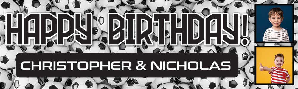 Personalised Happy Birthday Banner - Footballs Twins - Custom Name & 2 Photo Upload