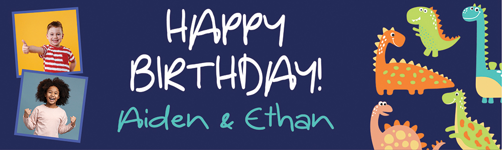 Personalised Happy Birthday Banner - Fun Dinosaur Twins - Custom Name & 2 Photo Upload