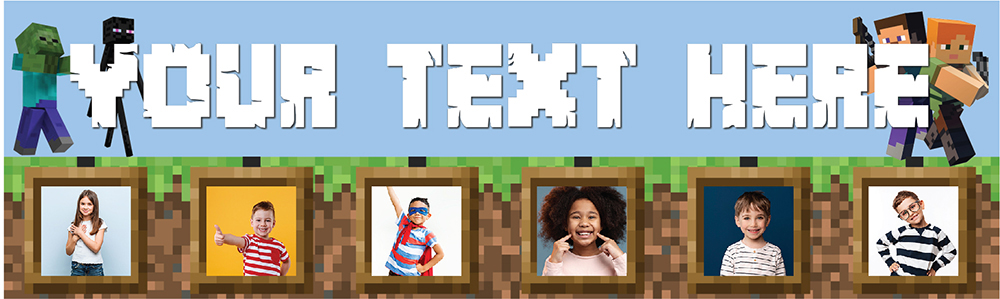 Personalised Happy Birthday Banner - Gaming Kids Blocks - Custom Text & 9 Photo Upload