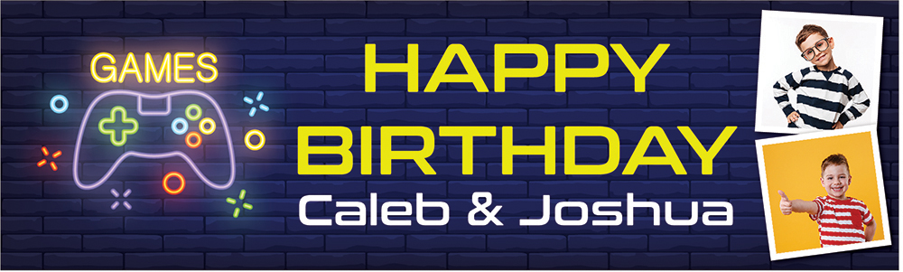 Personalised Happy Birthday Banner - Gaming Twins - Custom Name & 2 Photo Upload