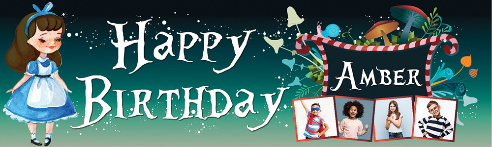 Personalised Happy Birthday Banner - Green Alice In Wonderland - Custom Name & 4 Photo Upload