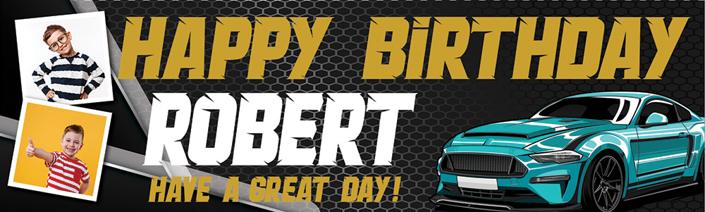 Personalised Happy Birthday Banner - Green Sports Car - Custom Name & 2 Photo Upload