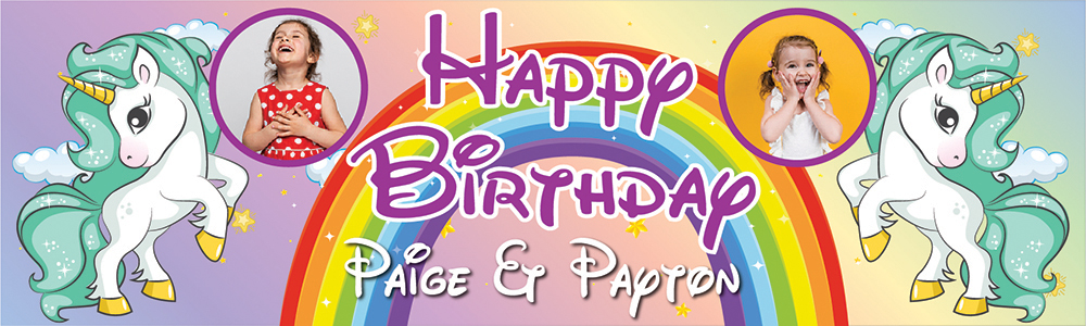 Personalised Happy Birthday Banner - Green Unicorns Twins - Custom Name & 2 Photo Upload