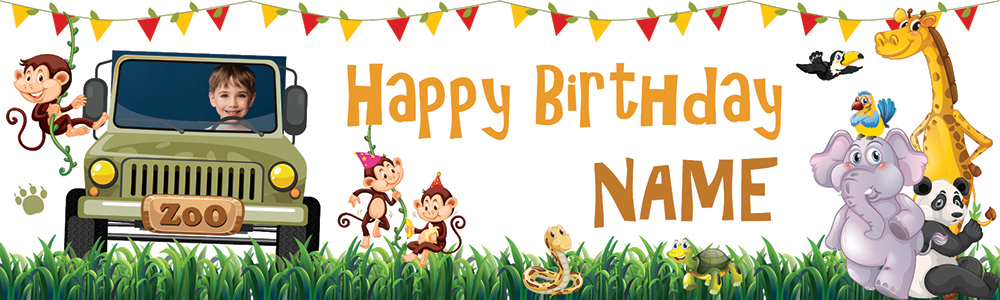 Personalised Happy Birthday Banner - Jeep Safari - Custom Name & 1 Photo Upload