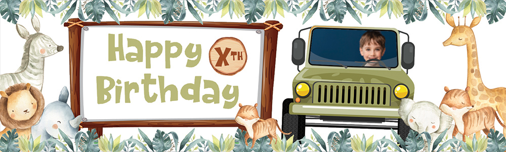 Personalised Happy Birthday Banner - Jeep Safari Animals - Custom Age & 1 Photo Upload