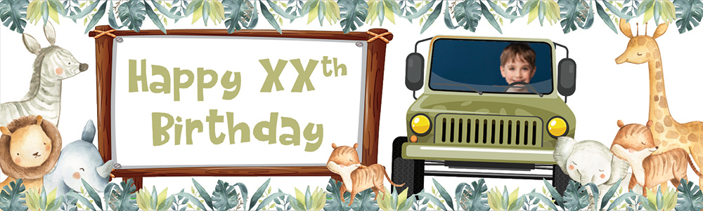 Personalised Happy Birthday Banner - Jeep Safari Animals - Custom Age & 1 Photo Upload