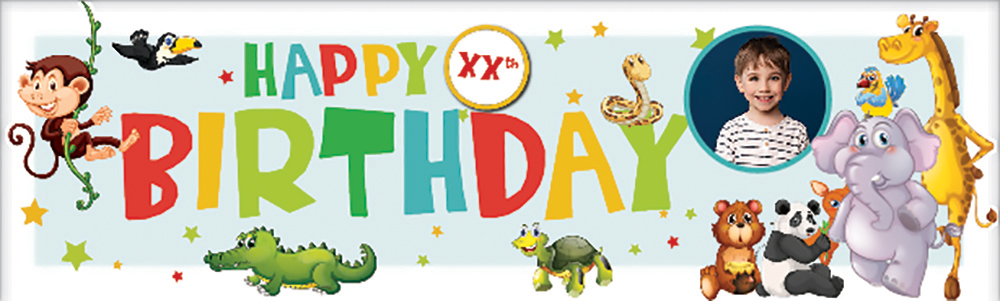 Personalised Happy Birthday Banner - Jungle Animals - Custom Age & 1 Photo Upload