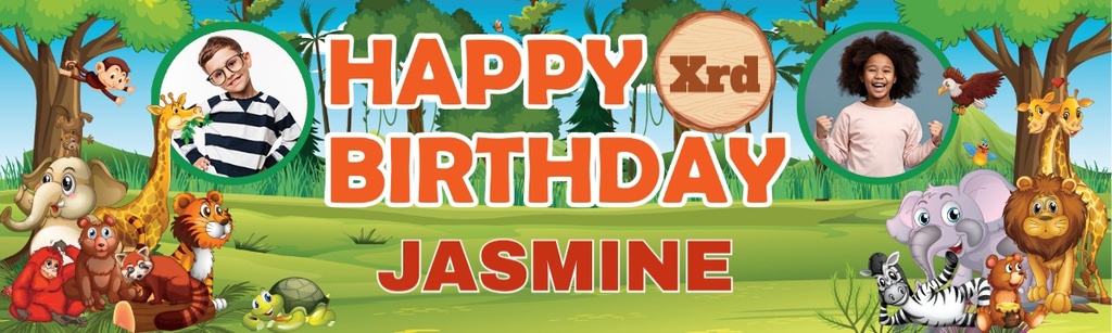 Personalised Happy Birthday Banner - Jungle Animals - Custom Age, Name & 2 Photo Upload