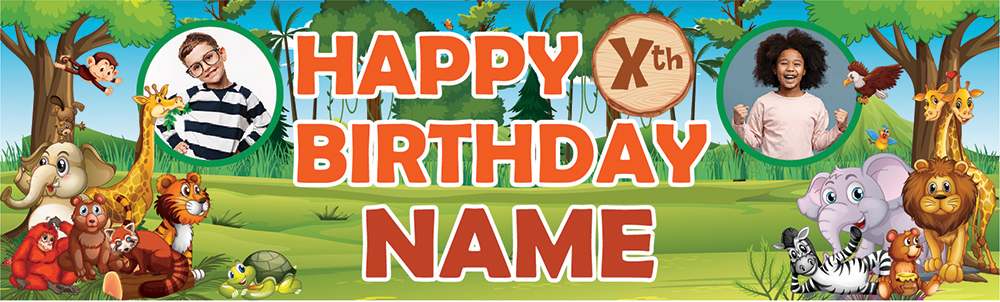 Personalised Happy Birthday Banner - Jungle Animals - Custom Age, Name & 2 Photo Upload