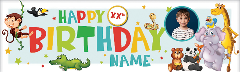Personalised Happy Birthday Banner - Jungle Animals - Custom Name, Age & 1 Photo Upload