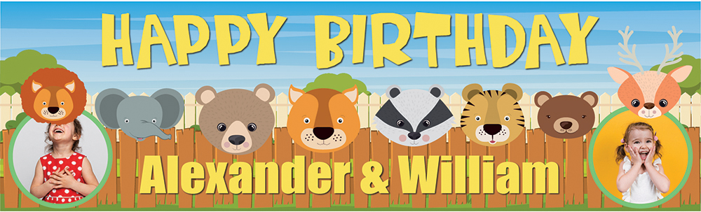 Personalised Happy Birthday Banner - Jungle Animals Twins - Custom Name & 2 Photo Upload