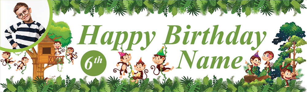 Personalised Happy Birthday Banner - Jungle Monkeys - Custom Name & Age 1 Photo Upload