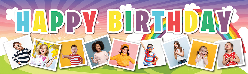 Personalised Happy Birthday Banner - Kids Rainbow - 9 Photo Upload