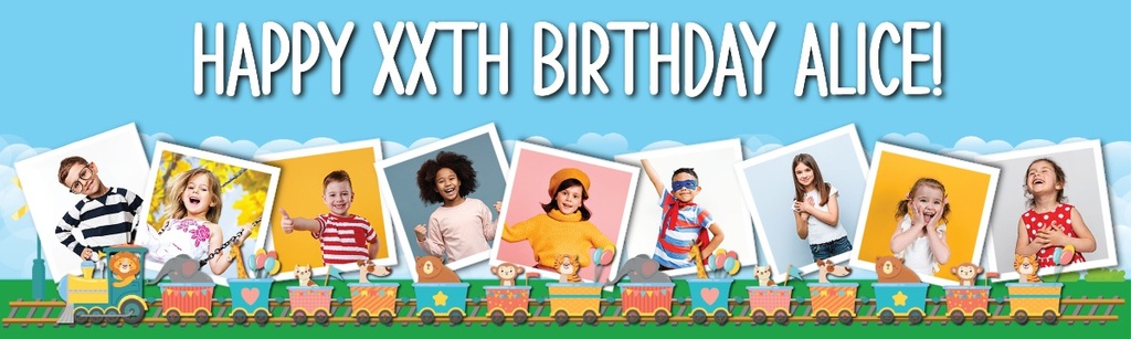 Personalised Happy Birthday Banner - Lion Circus Train - Custom Age & 9 Photo Upload