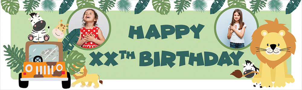 Personalised Happy Birthday Banner - Lion Safari - Custom Age & 2 Photo Upload