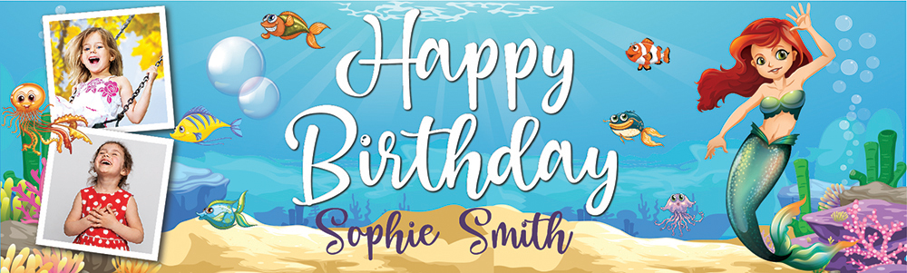 Personalised Happy Birthday Banner - Little Mermaid - Custom Name & 2 Photo Upload