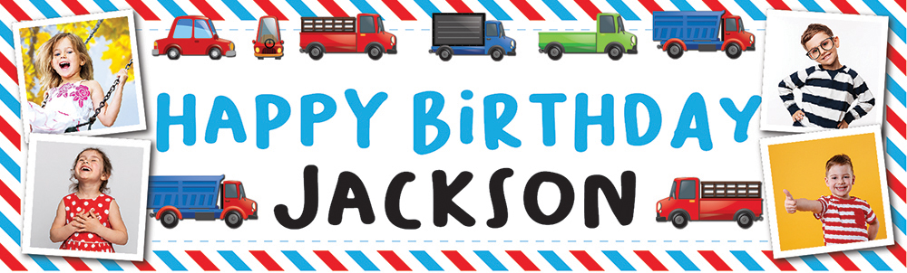 Personalised Happy Birthday Banner - Lorry & Truck - Custom Name & 4 Photo Upload