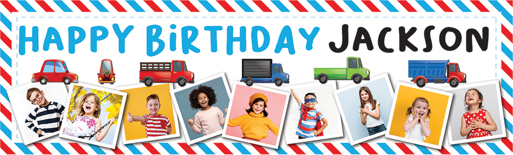 Personalised Happy Birthday Banner - Lorry & Truck - Custom Name & 9 Photo Upload