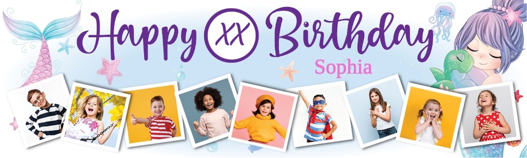 Personalised Happy Birthday Banner - Mermaid Friends - Custom Age & 9 Photo Upload