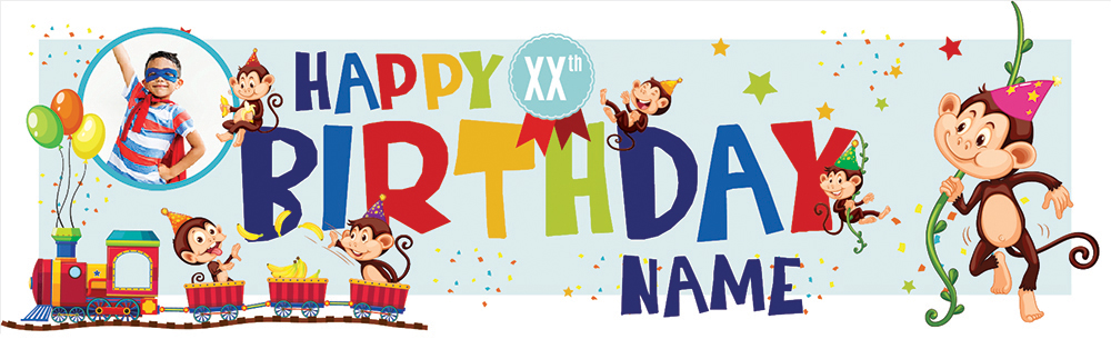 Personalised Happy Birthday Banner - Monkey Safari Train - Custom Age, Name & 1 Photo Upload