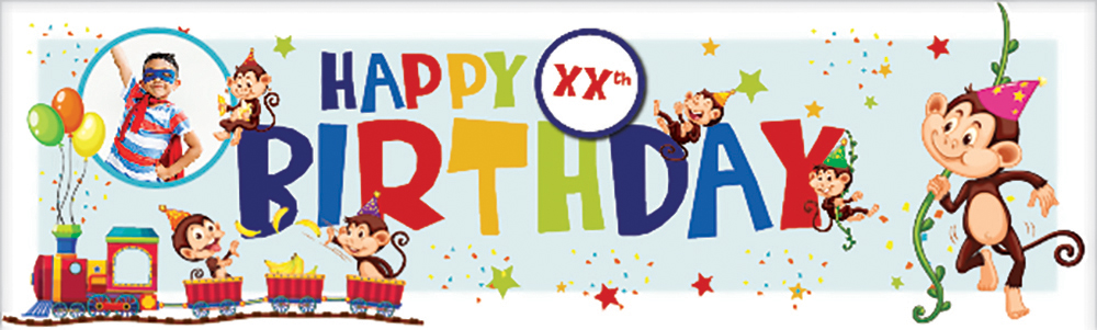 Personalised Happy Birthday Banner - Monkey Train - Custom Age & 1 Photo Upload