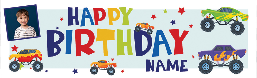 Personalised Happy Birthday Banner - Monster Trucks - Custom Name & 1 Photo Upload