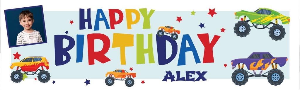 Personalised Happy Birthday Banner - Monster Trucks - Custom Name & 1 Photo Upload