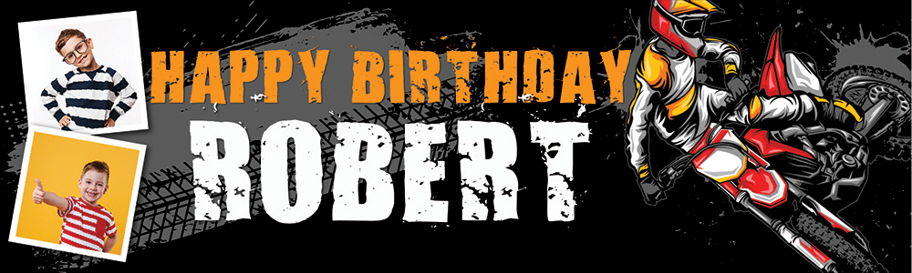 Personalised Happy Birthday Banner - Motocross Dirt Bike - Custom Name & 2 Photo Upload