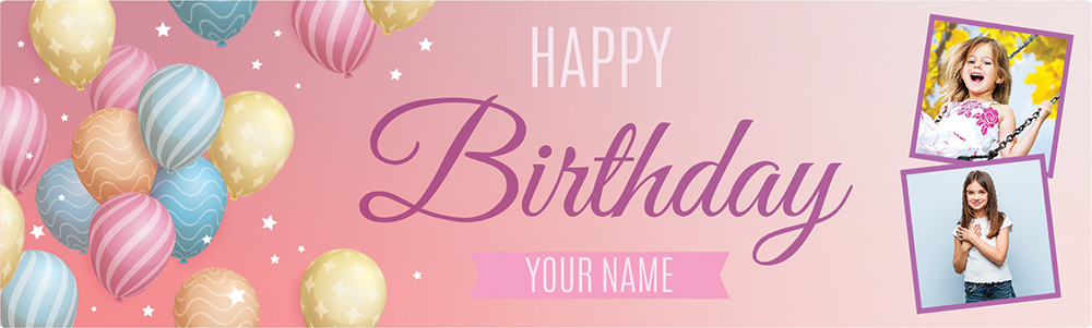 Personalised Happy Birthday Banner - Party Balloons - Custom Name & 2 Photo Upload