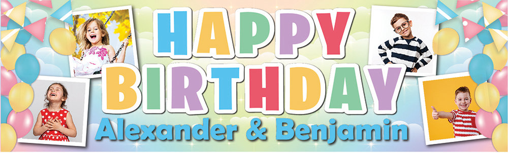 Personalised Happy Birthday Banner - Party Balloons Twins - Custom Name & 4 Photo Upload