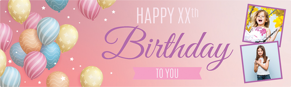 Personalised Happy Birthday Banner - Pink & Blue Balloons - Custom Age & 2 Photo Upload