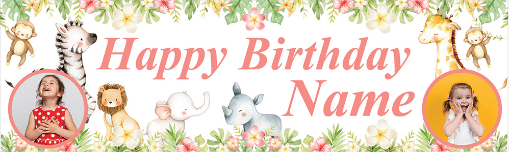 Personalised Happy Birthday Banner - Pink Flowers & Safari Animals - Custom Name & 2 Photo Upload