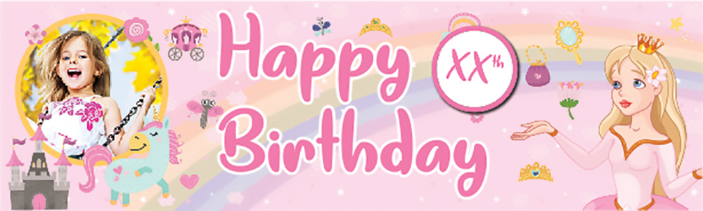 Personalised Happy Birthday Banner - Pink Princess - Custom Age & 1 Photo Upload