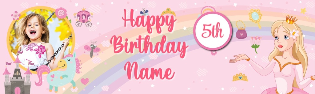 Personalised Happy Birthday Banner - Pink Princess - Custom Age & 1 Photo Upload